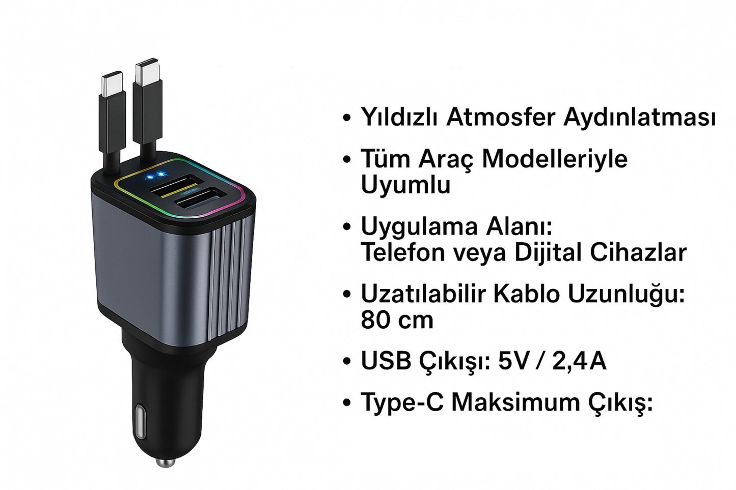 Tavan Aydınlatmalı 4N1 Araç içi Çift Yönlendirici Hızlı Şarj